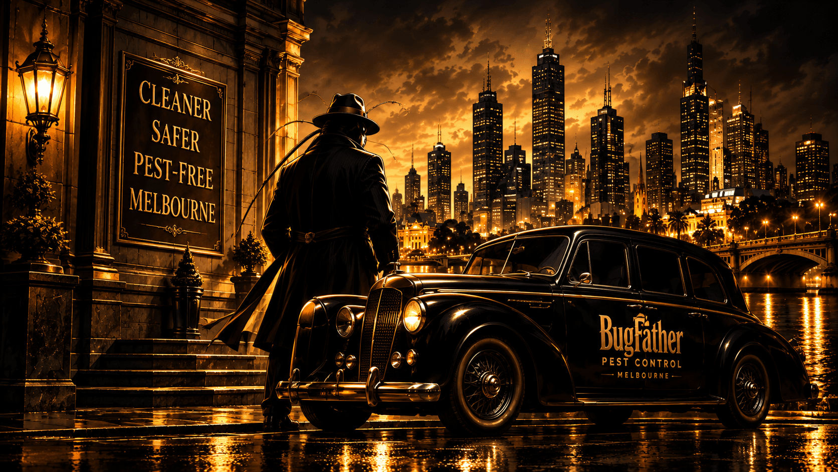 Cinematic BugFather scene beside a classic car and Melbourne skyline
