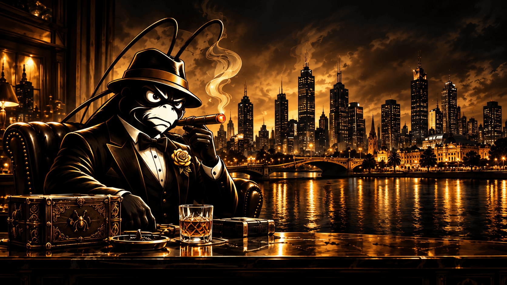 BugFather character seated before the Melbourne skyline