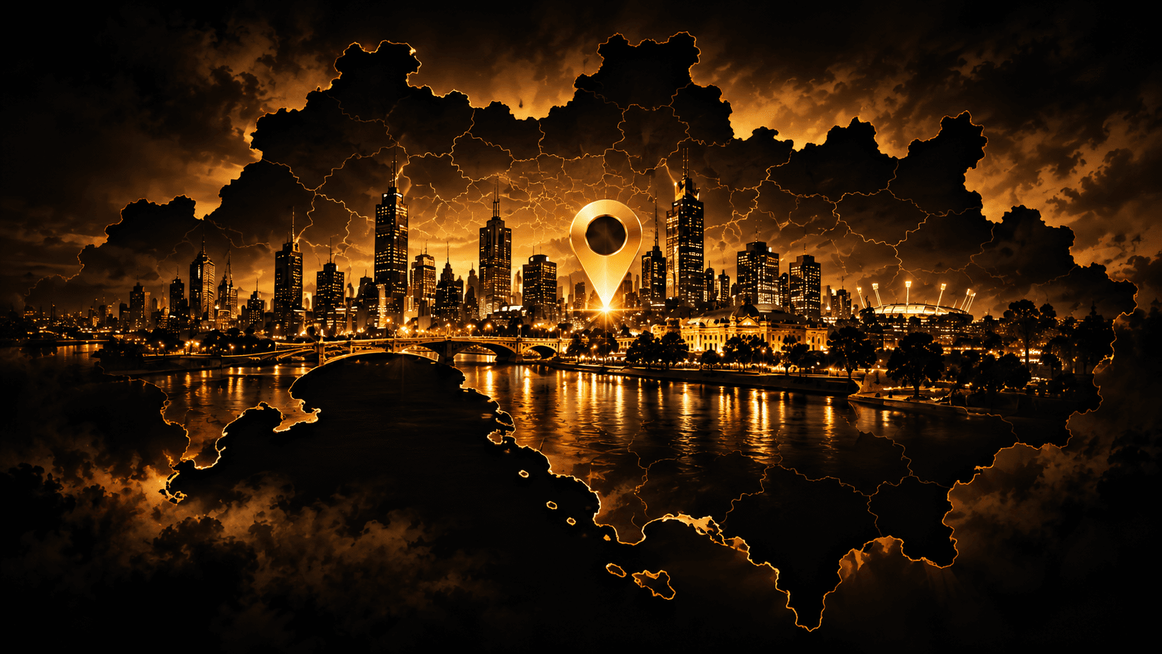 Stylised Melbourne service area map and skyline